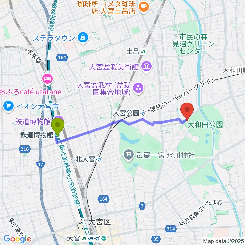 鉄道博物館駅からレジデンシャルスタジアム大宮へのルートマップ地図