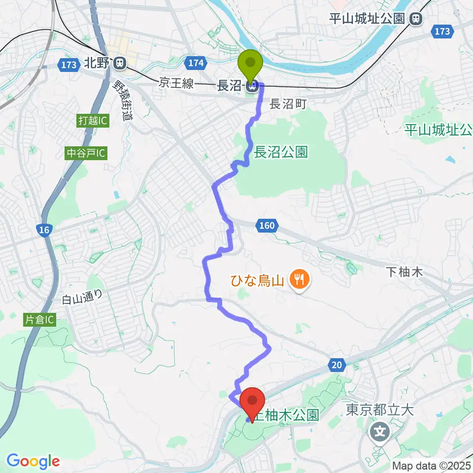 長沼駅からスリーボンドベースボールパーク上柚木へのルートマップ地図