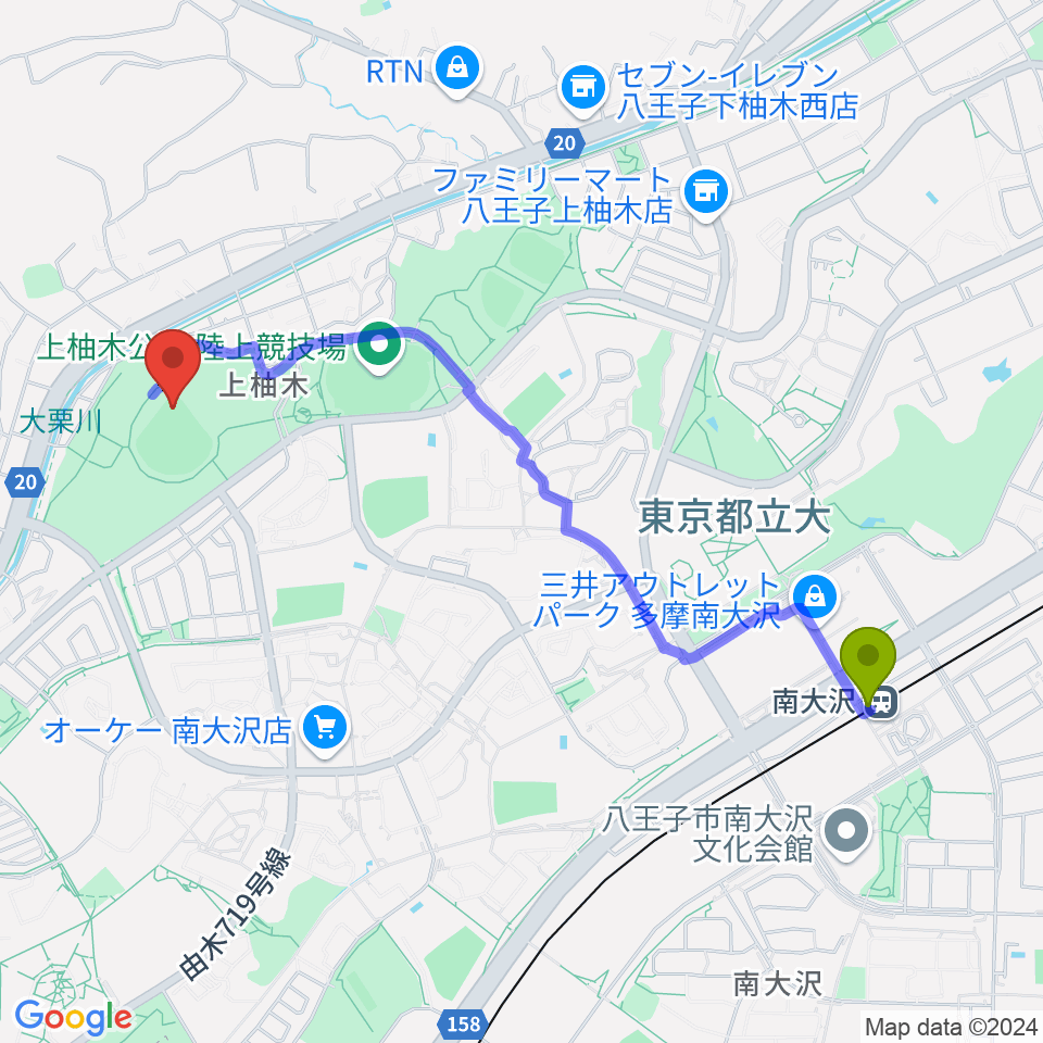 スリーボンドベースボールパーク上柚木の最寄駅南大沢駅からの徒歩ルート（約23分）地図