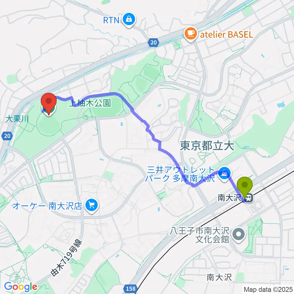 スリーボンドベースボールパーク上柚木の最寄駅南大沢駅からの徒歩ルート（約23分）地図
