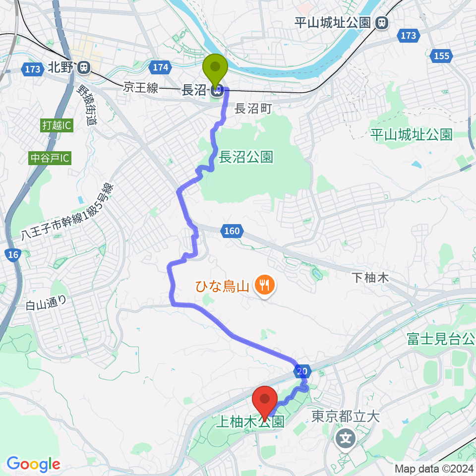 長沼駅から上柚木公園陸上競技場へのルートマップ地図