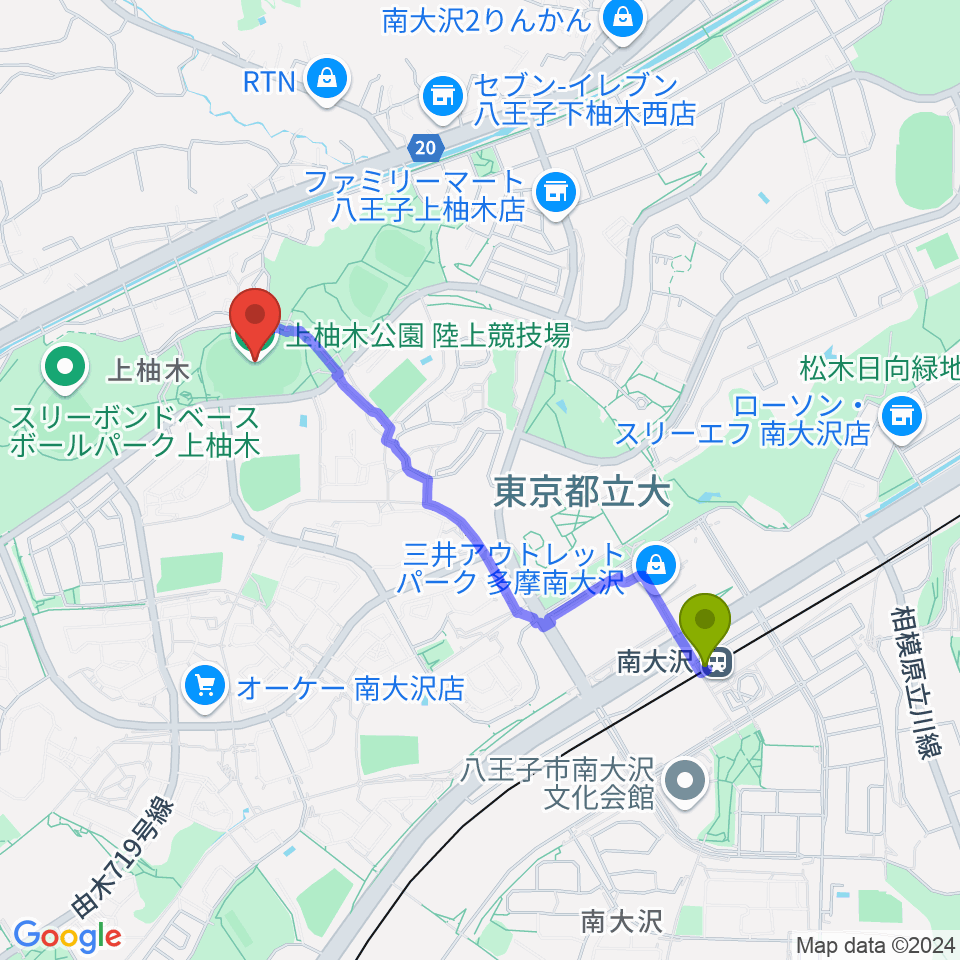 上柚木公園陸上競技場の最寄駅南大沢駅からの徒歩ルート（約18分）地図