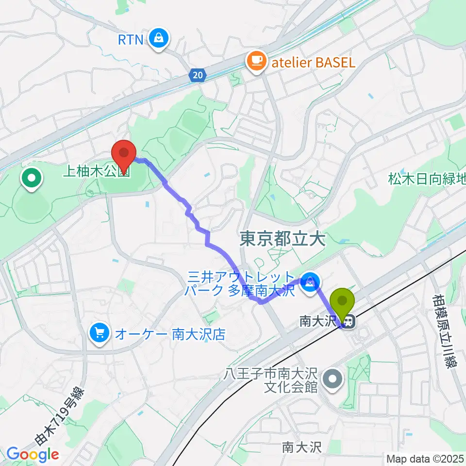 上柚木公園陸上競技場の最寄駅南大沢駅からの徒歩ルート（約18分）地図