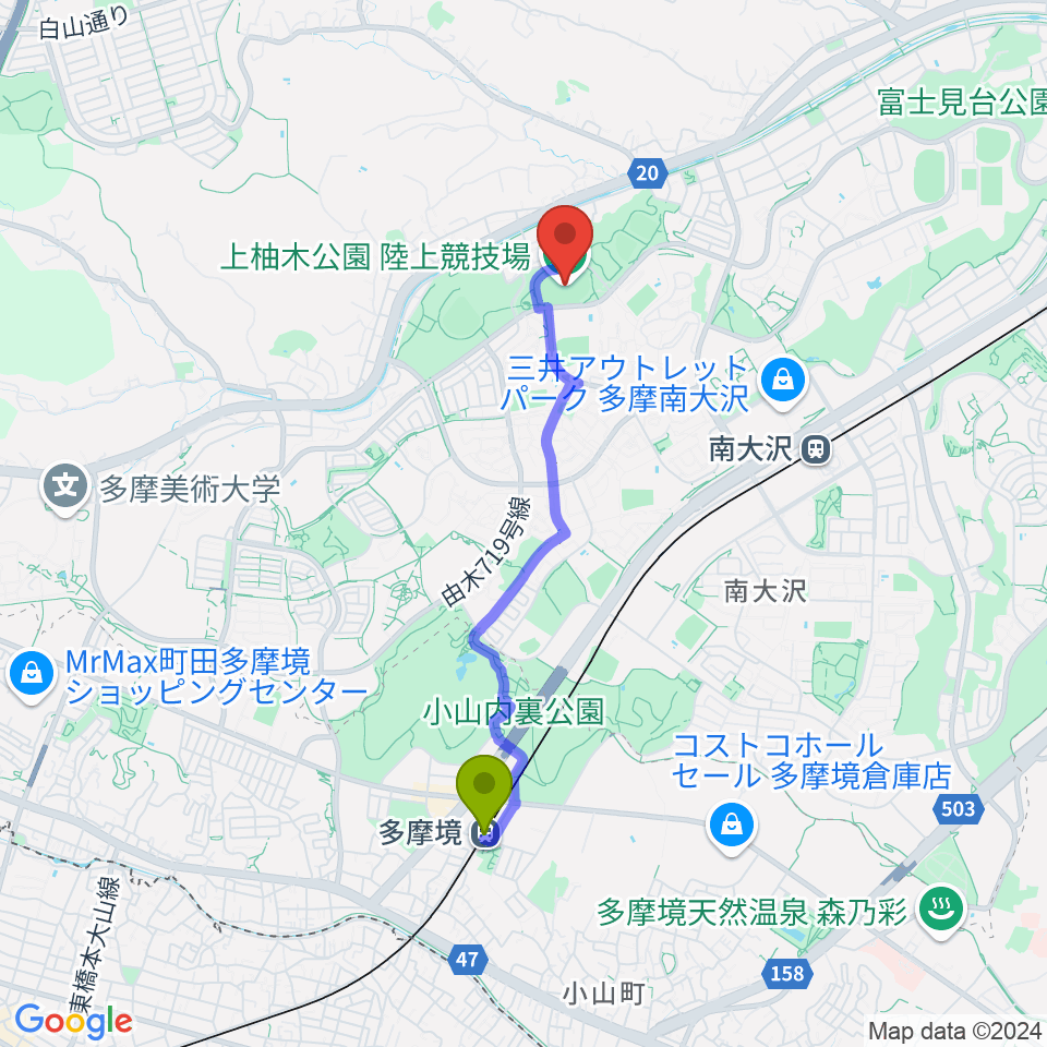 多摩境駅から上柚木公園陸上競技場へのルートマップ地図