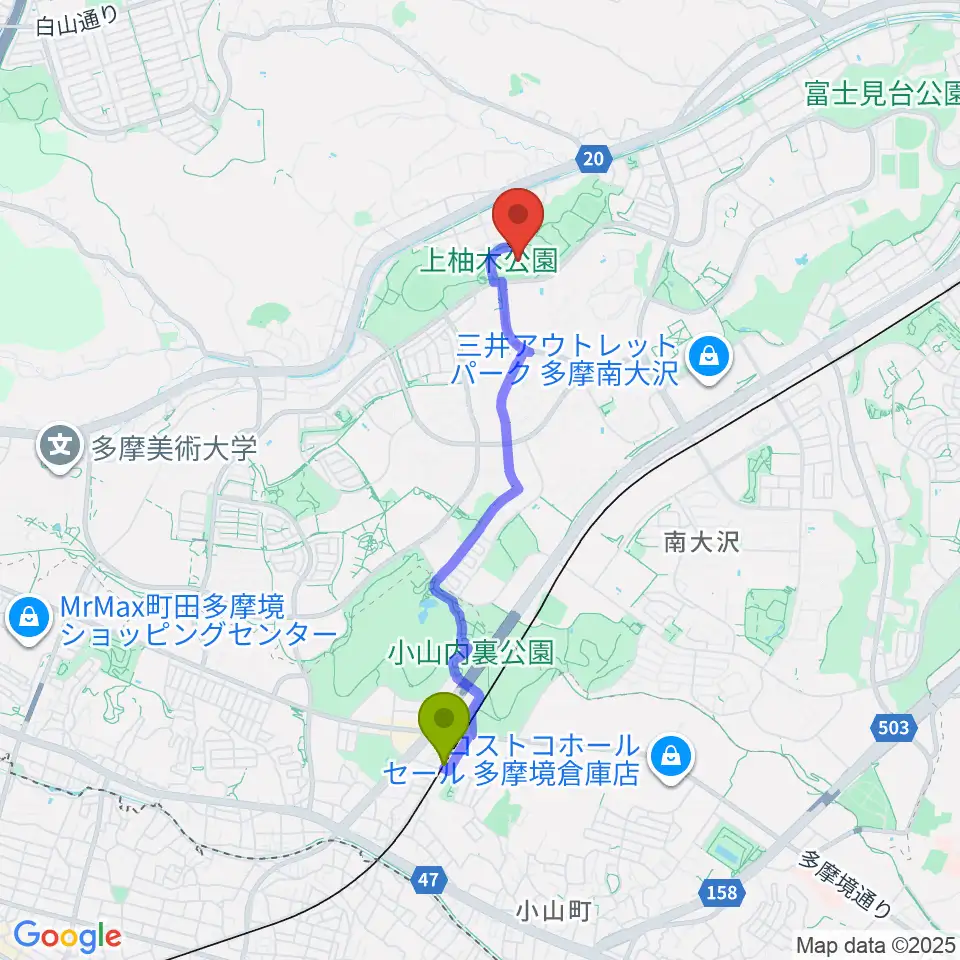 多摩境駅から上柚木公園陸上競技場へのルートマップ地図