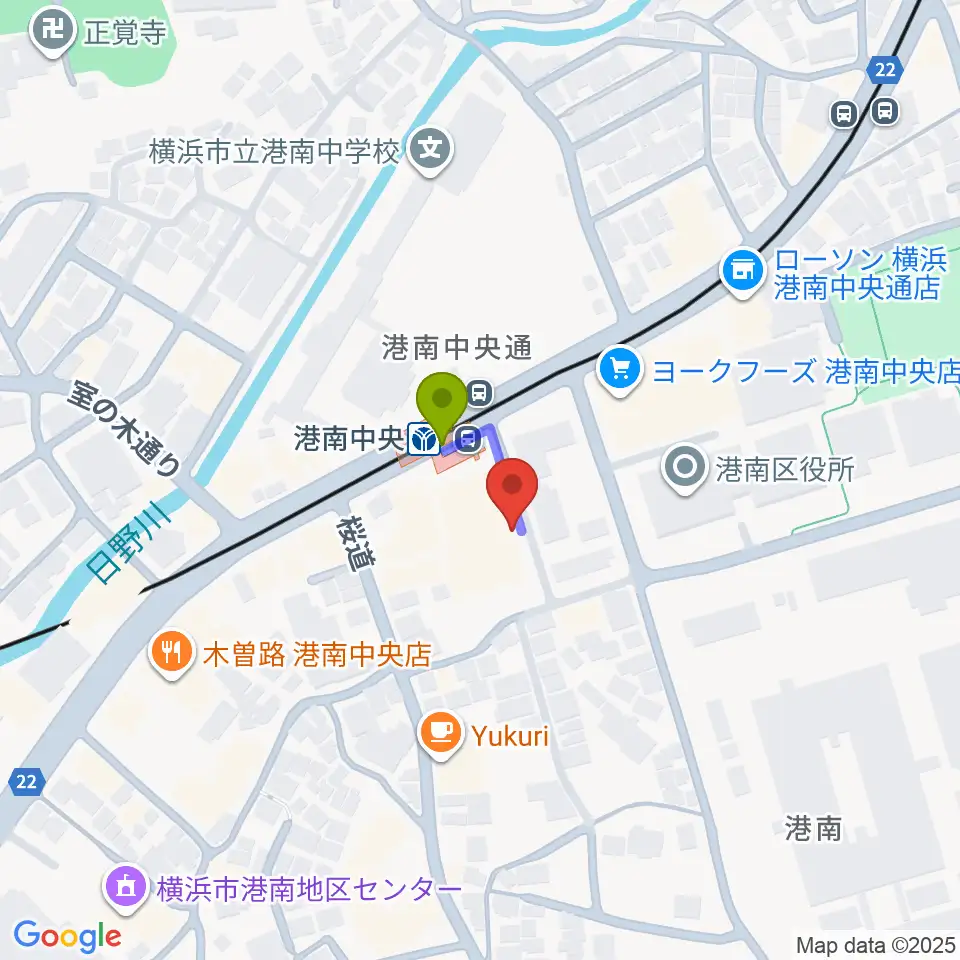 横浜市港南公会堂の最寄駅港南中央駅からの徒歩ルート（約1分）地図