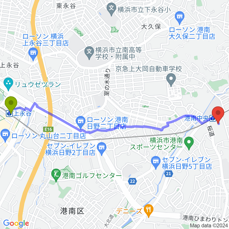 上永谷駅から横浜市港南公会堂へのルートマップ地図
