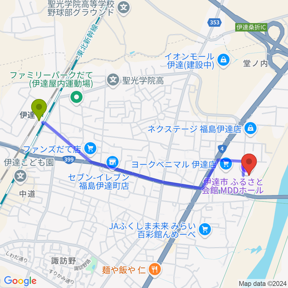 伊達市ふるさと会館MDDホールの最寄駅伊達駅からの徒歩ルート（約23分）地図