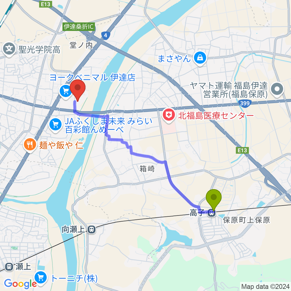 高子駅から伊達市ふるさと会館MDDホールへのルートマップ地図