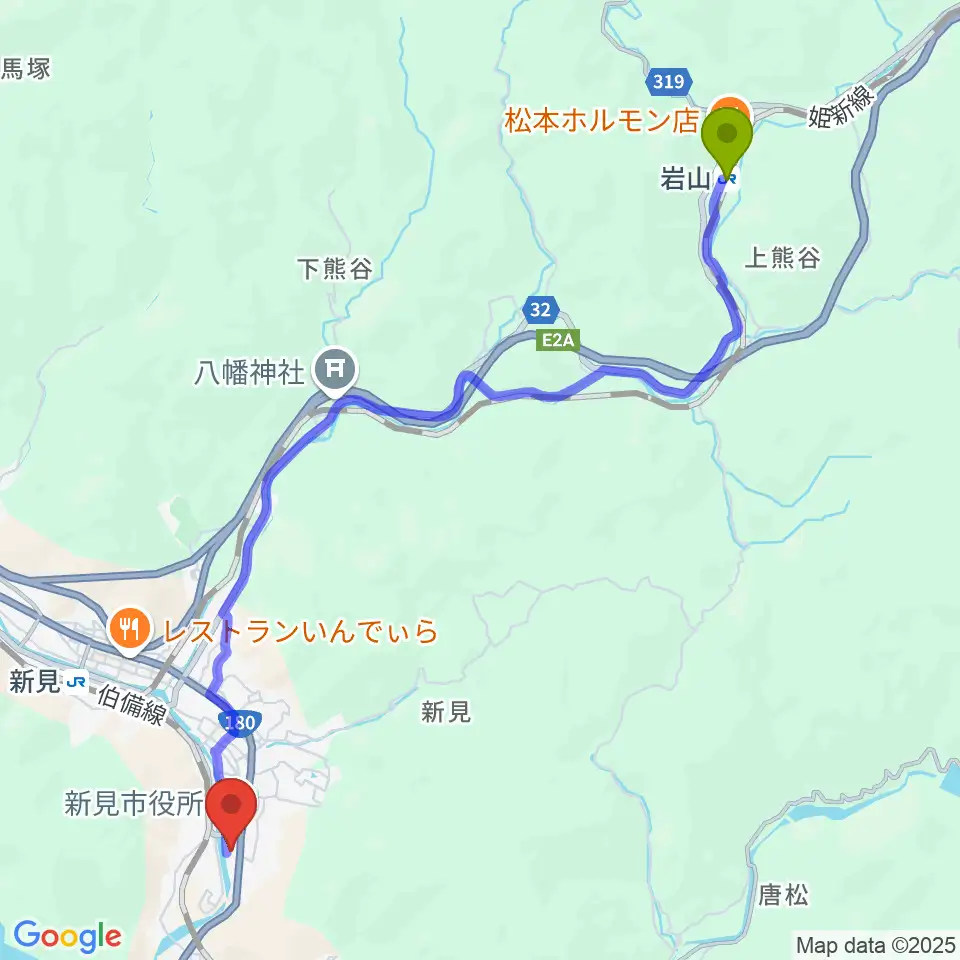 岩山駅から新見文化交流館（まなび広場にいみ）へのルートマップ地図