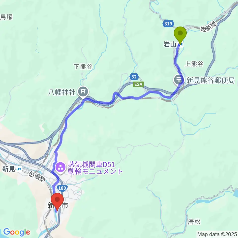岩山駅から新見文化交流館（まなび広場にいみ）へのルートマップ地図