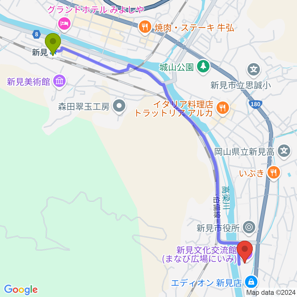 新見文化交流館（まなび広場にいみ）の最寄駅新見駅からの徒歩ルート（約30分）地図