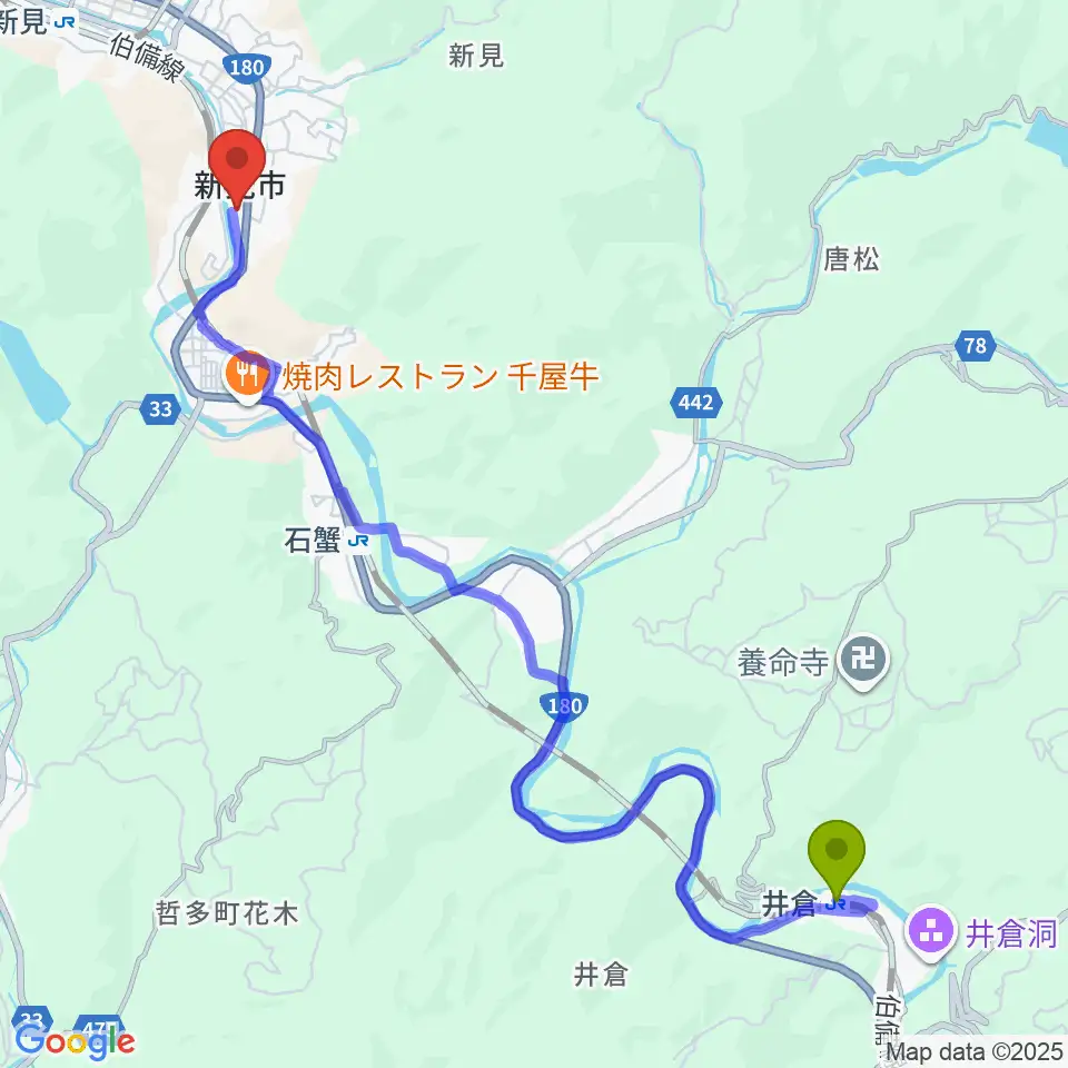 井倉駅から新見文化交流館（まなび広場にいみ）へのルートマップ地図