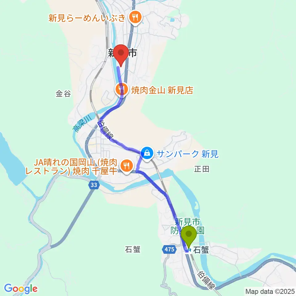 石蟹駅から新見文化交流館（まなび広場にいみ）へのルートマップ地図
