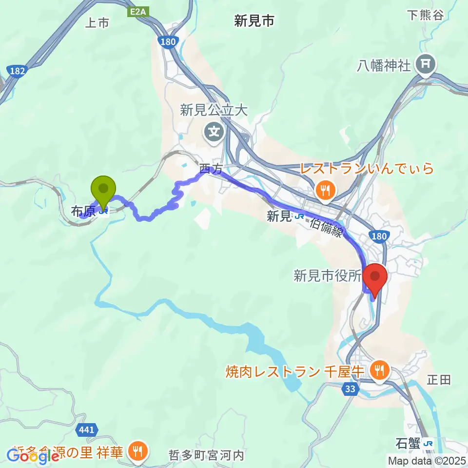 布原駅から新見文化交流館（まなび広場にいみ）へのルートマップ地図