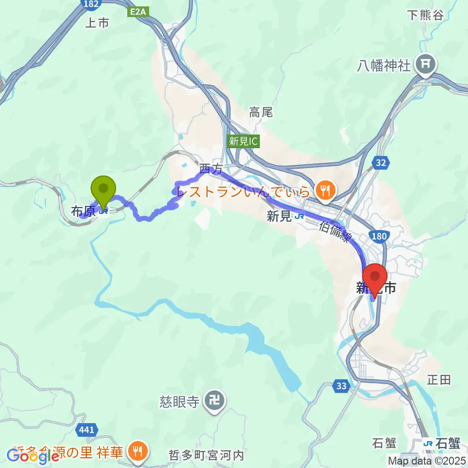 布原駅から新見文化交流館（まなび広場にいみ）へのルートマップ地図