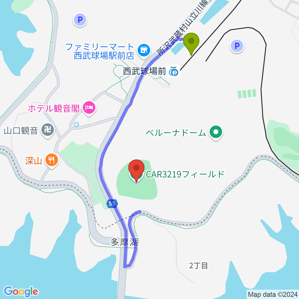 CAR3219フィールドの最寄駅西武球場前駅からの徒歩ルート（約7分）地図