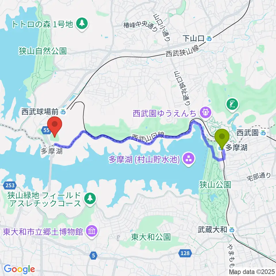 西武遊園地駅からCAR3219フィールドへのルートマップ地図