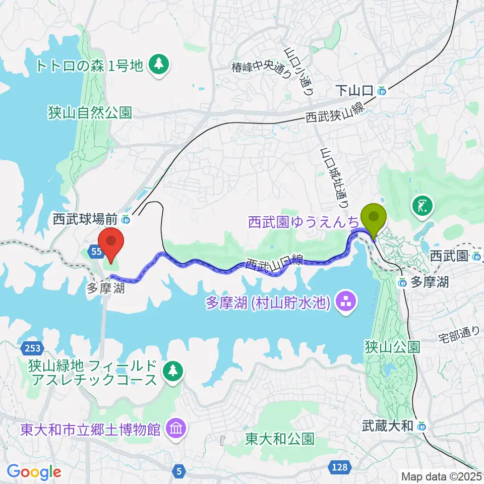遊園地西駅からCAR3219フィールドへのルートマップ地図