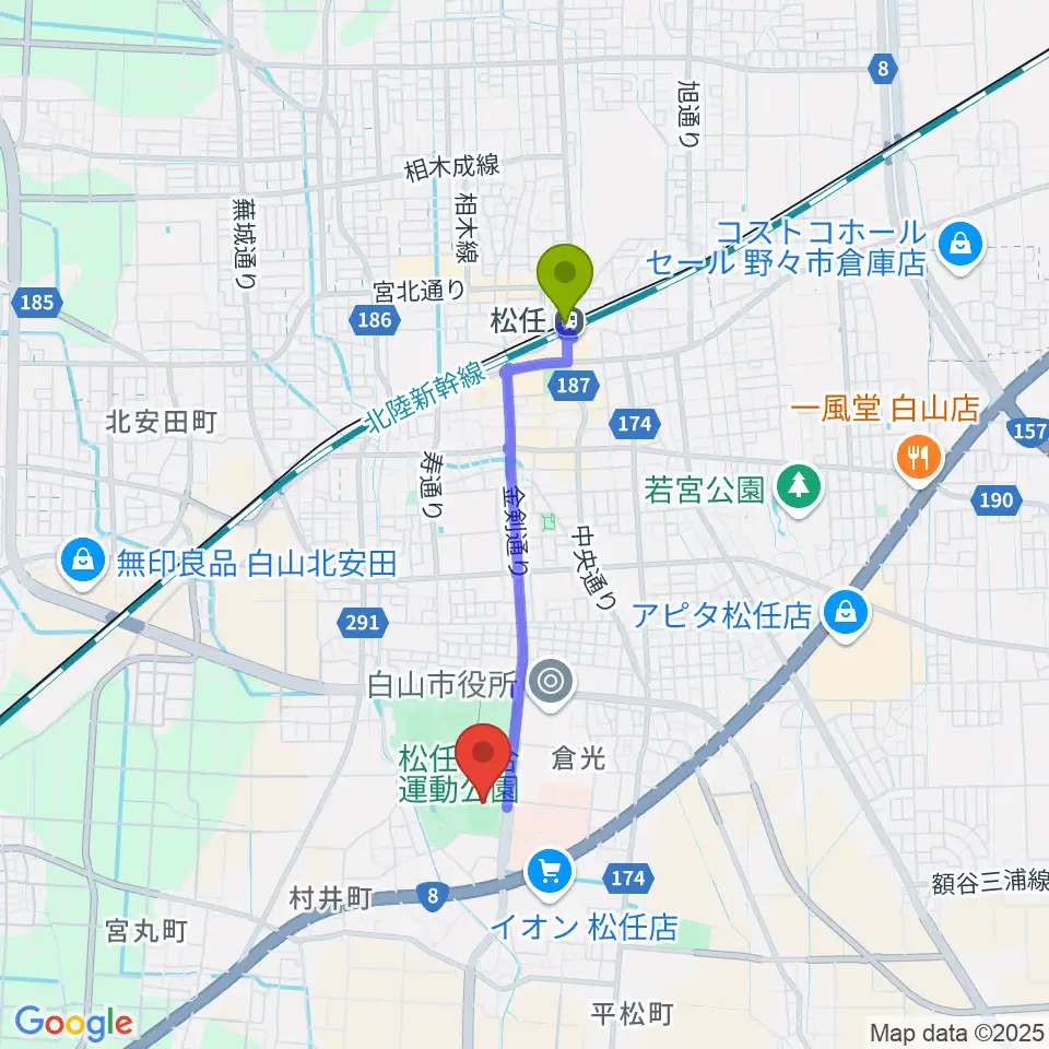 松任総合運動公園陸上競技場の最寄駅松任駅からの徒歩ルート（約28分）地図