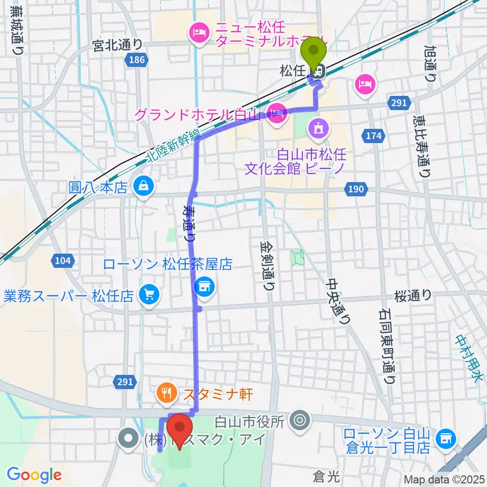 松任総合運動公園グラウンドの最寄駅松任駅からの徒歩ルート（約25分）地図
