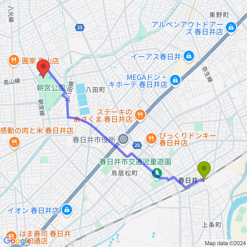 春日井駅からスポーレ春日井 朝宮公園陸上競技場へのルートマップ地図