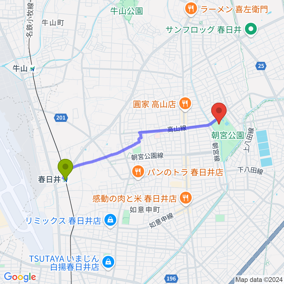 スポーレ春日井 朝宮公園陸上競技場の最寄駅春日井駅からの徒歩ルート（約36分）地図