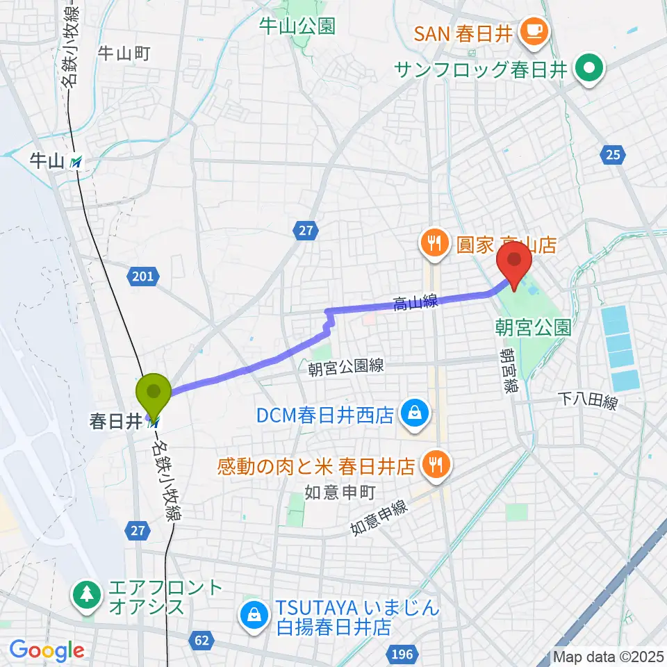 スポーレ春日井 朝宮公園陸上競技場の最寄駅春日井駅からの徒歩ルート（約36分）地図