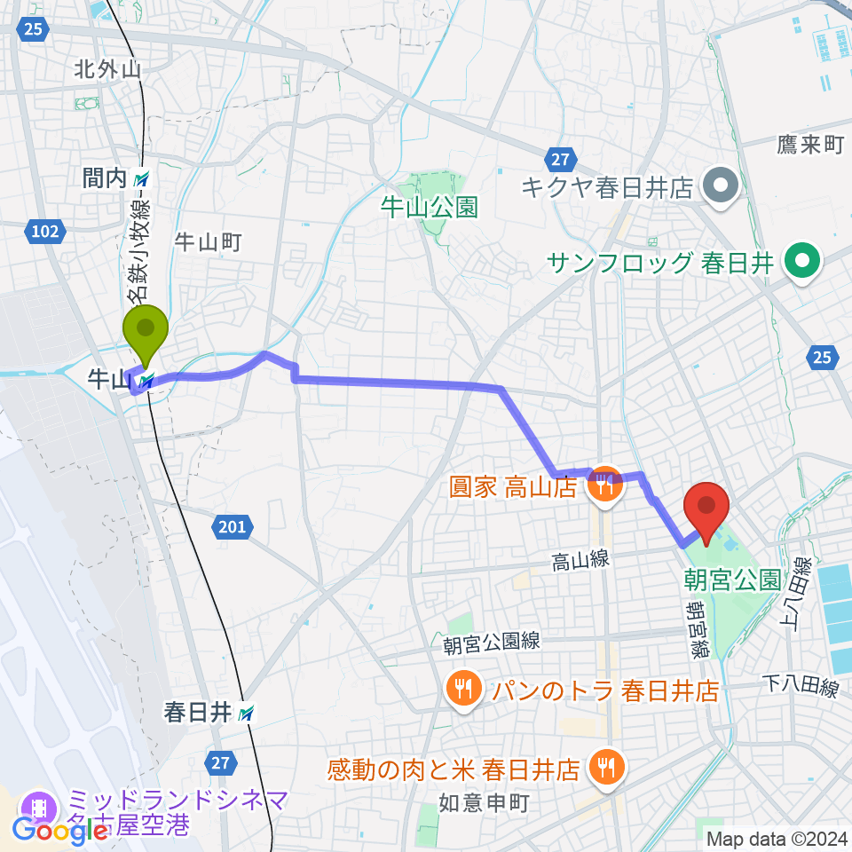 牛山駅からスポーレ春日井 朝宮公園陸上競技場へのルートマップ地図