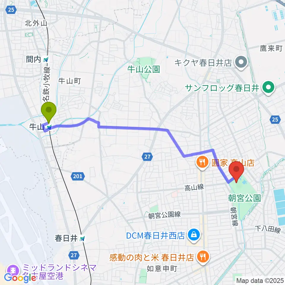 牛山駅からスポーレ春日井 朝宮公園陸上競技場へのルートマップ地図