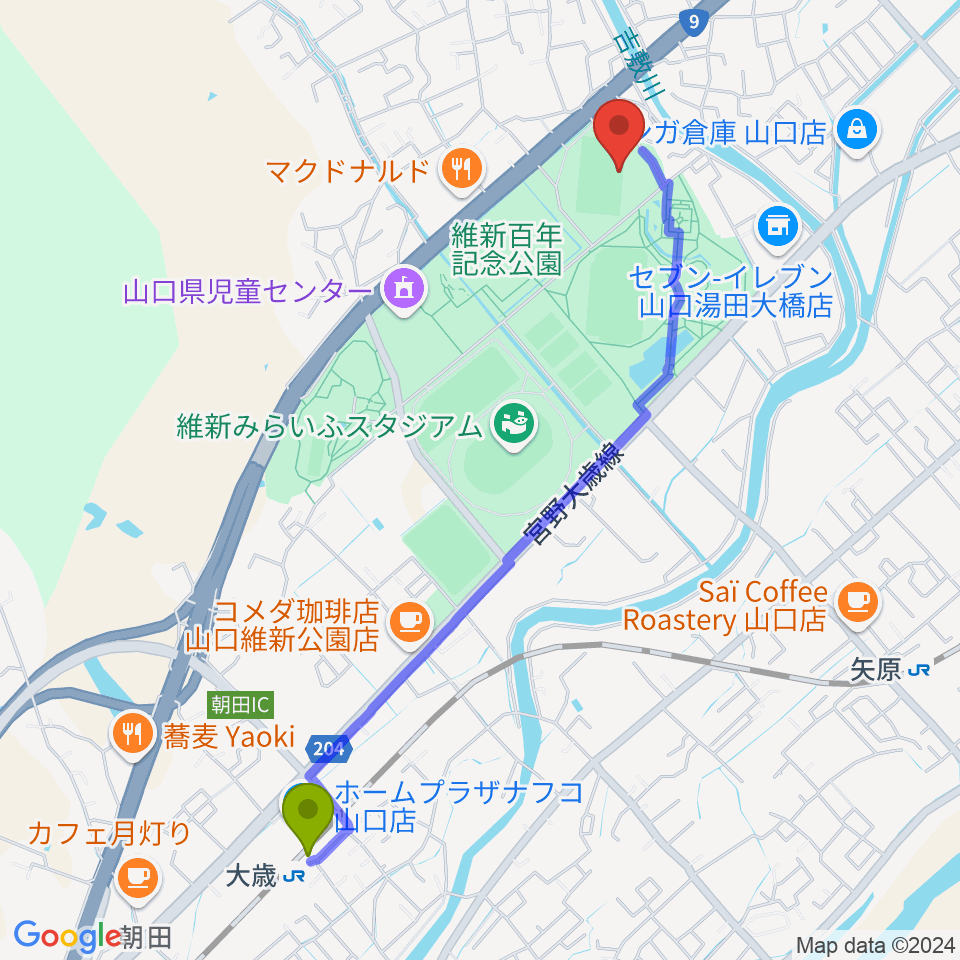 大歳駅から維新百年記念公園ラグビー・サッカー場へのルートマップ地図