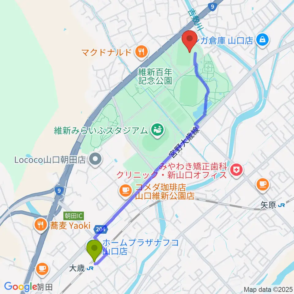 大歳駅から維新百年記念公園ラグビー・サッカー場へのルートマップ地図
