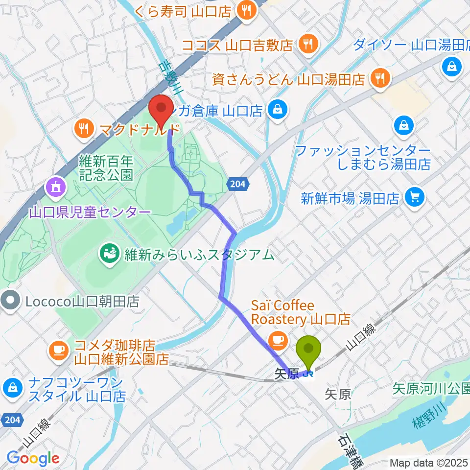 維新百年記念公園ラグビー・サッカー場の最寄駅矢原駅からの徒歩ルート（約19分）地図