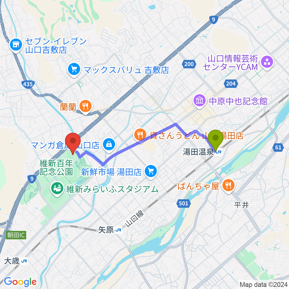 湯田温泉駅から維新百年記念公園ラグビー・サッカー場へのルートマップ地図