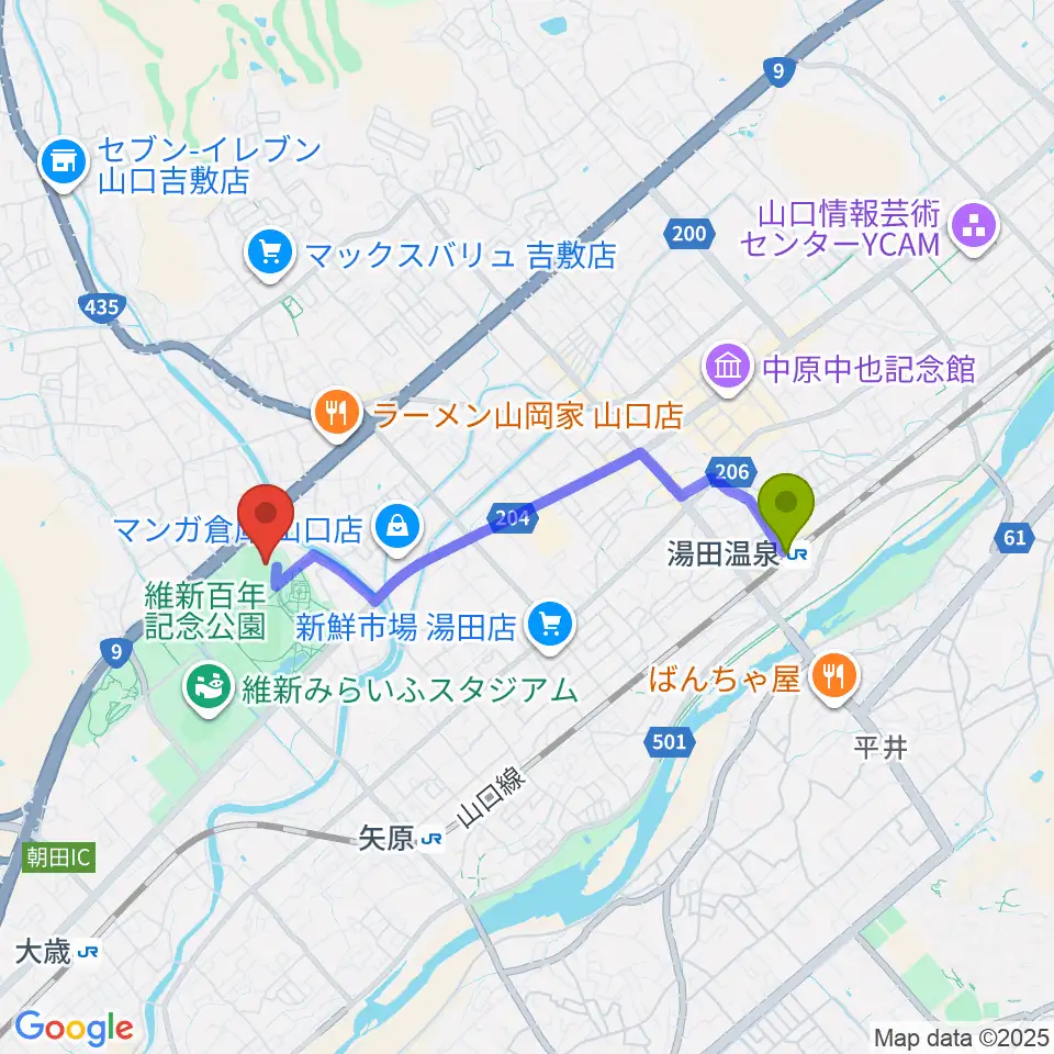湯田温泉駅から維新百年記念公園ラグビー・サッカー場へのルートマップ地図