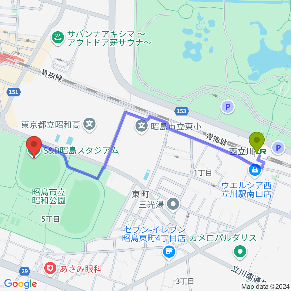 西立川駅からS&D昭島スタジアムへのルートマップ地図