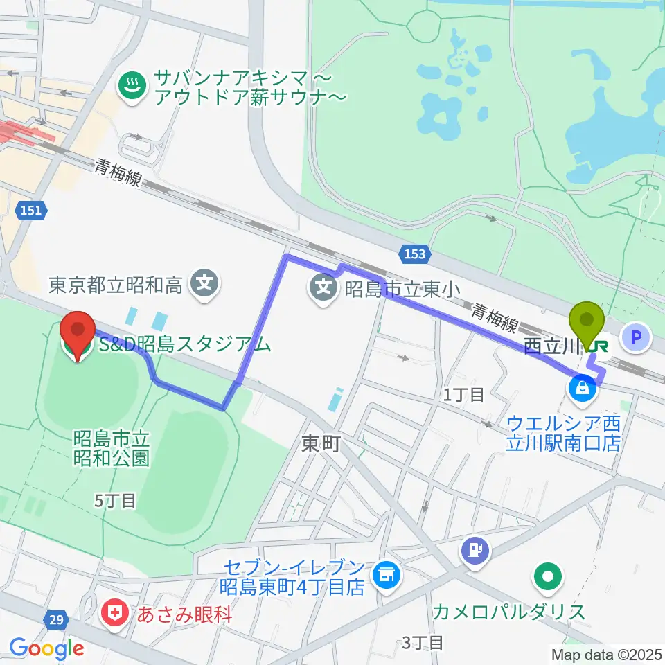 西立川駅からS&D昭島スタジアムへのルートマップ地図