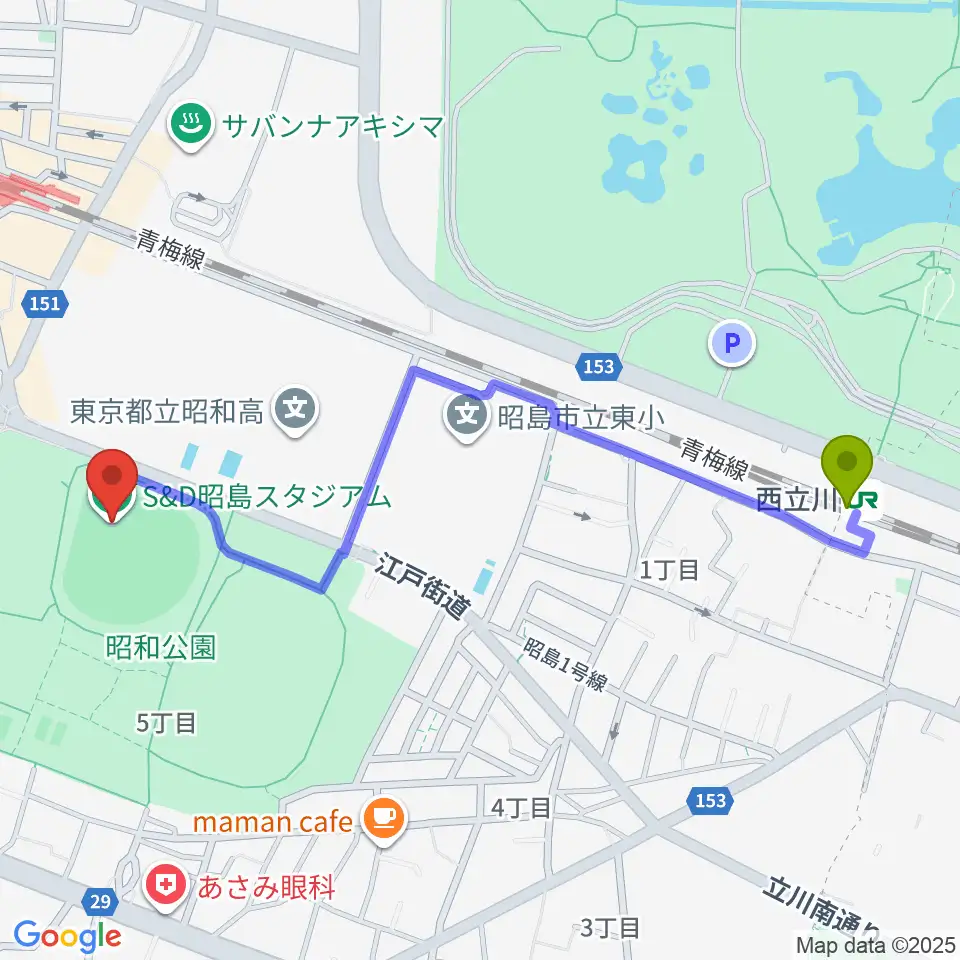 西立川駅からS&D昭島スタジアムへのルートマップ地図