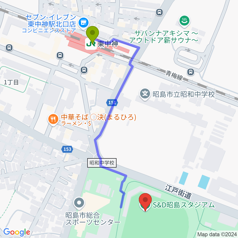 S&D昭島スタジアムの最寄駅東中神駅からの徒歩ルート（約6分）地図