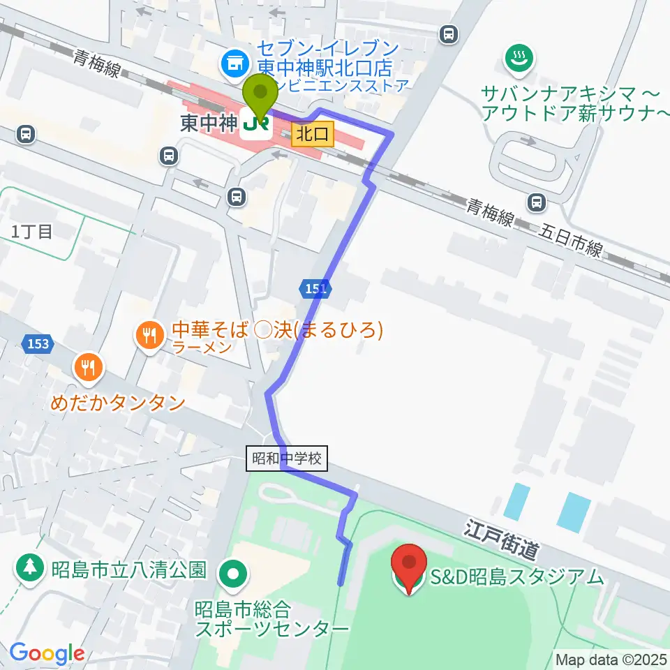 S&D昭島スタジアムの最寄駅東中神駅からの徒歩ルート（約6分）地図