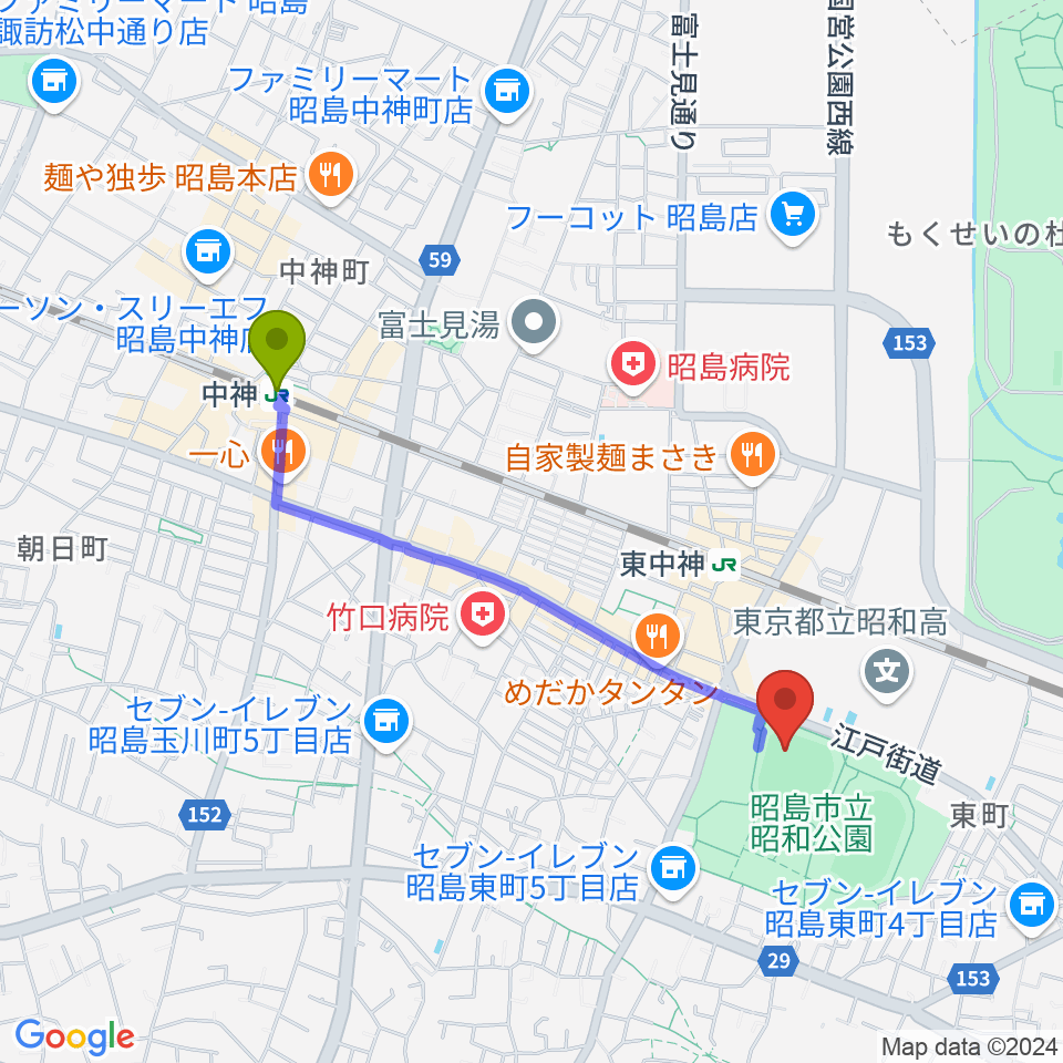 中神駅からS&D昭島スタジアムへのルートマップ地図