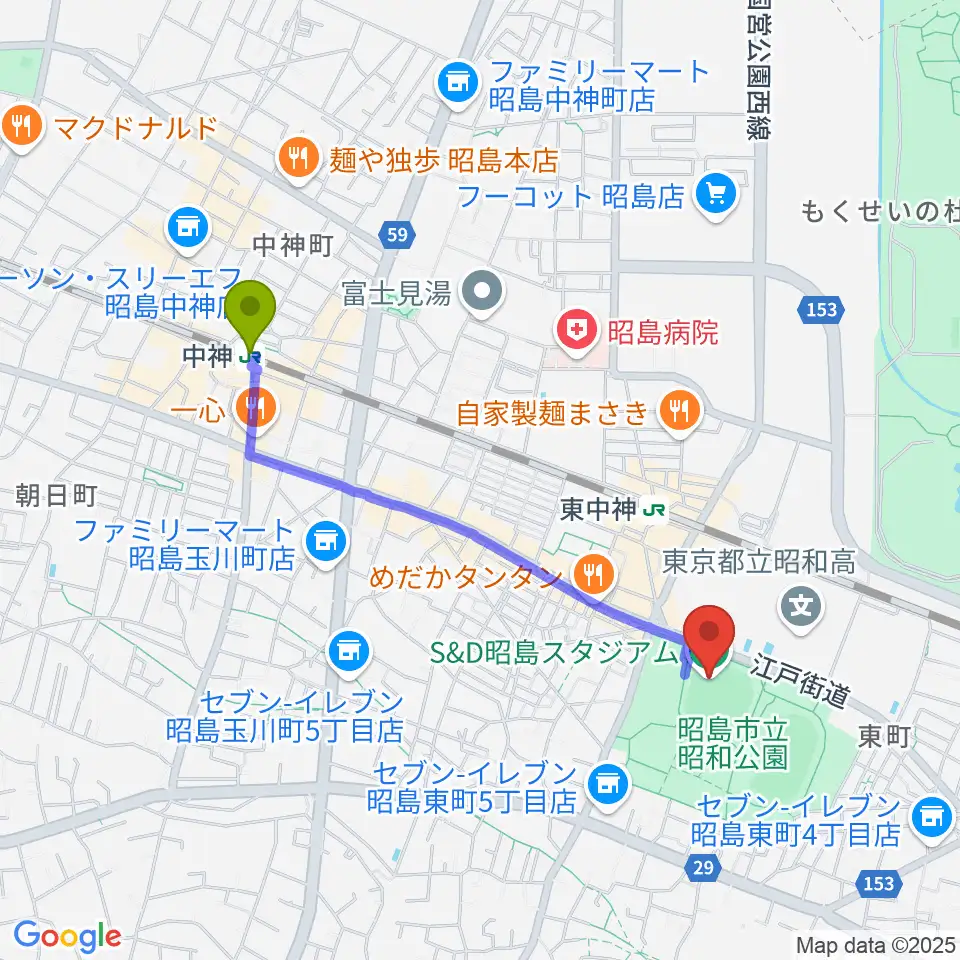 中神駅からS&D昭島スタジアムへのルートマップ地図