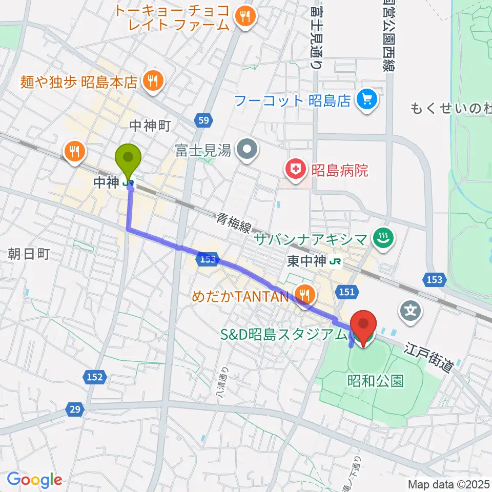 中神駅からS&D昭島スタジアムへのルートマップ地図