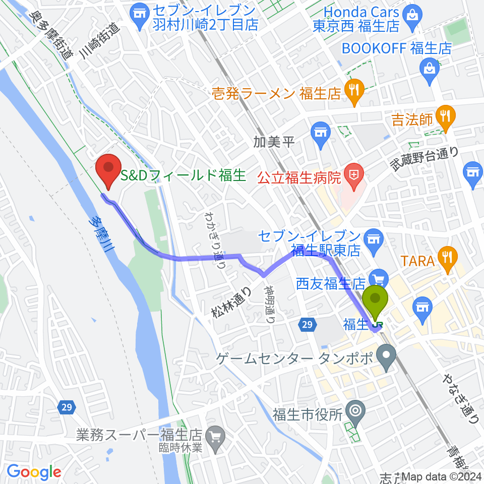 S&Dフィールド福生の最寄駅福生駅からの徒歩ルート（約19分）地図