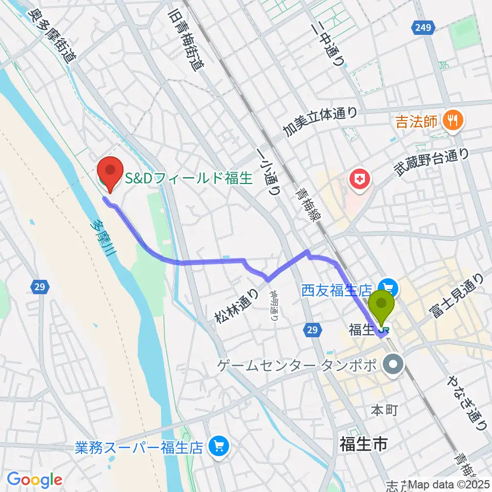 S&Dフィールド福生の最寄駅福生駅からの徒歩ルート（約19分）地図