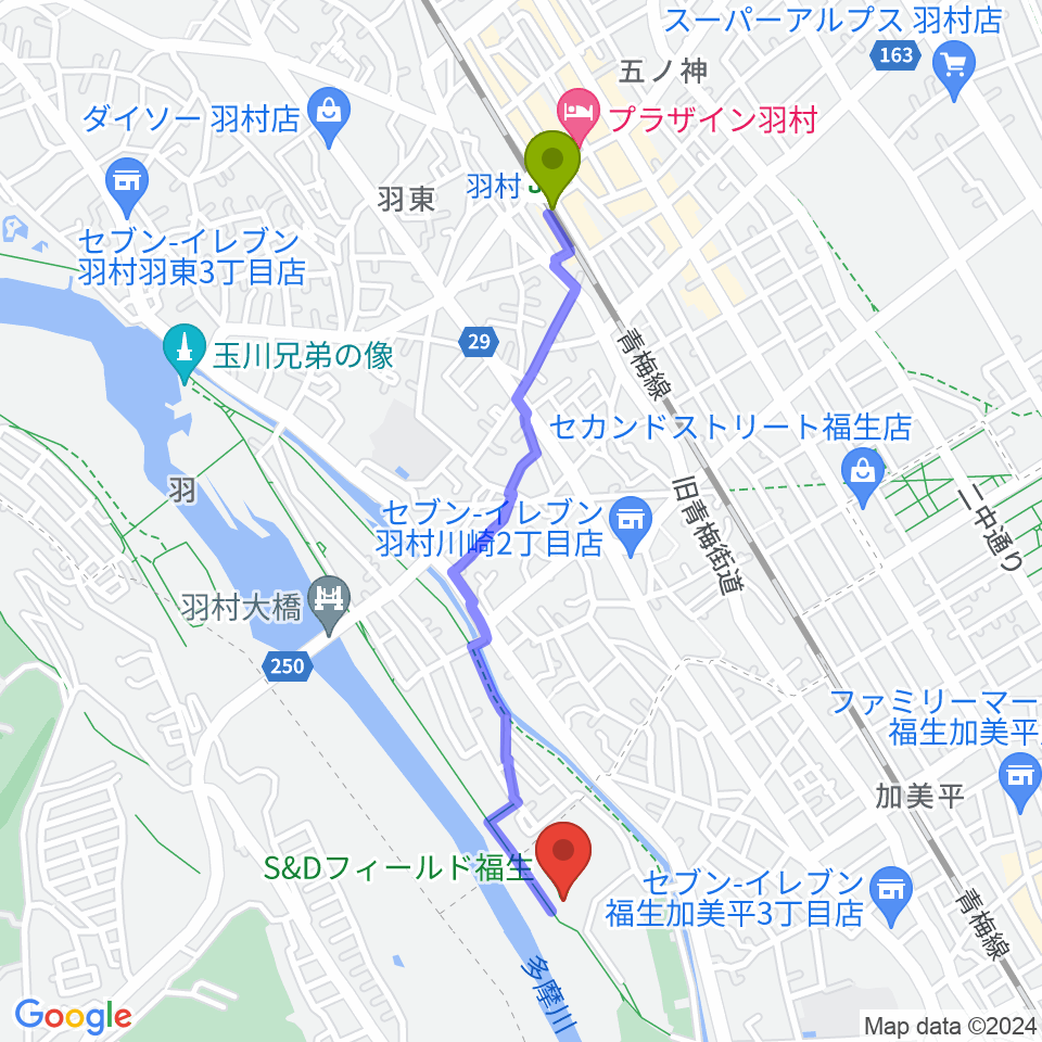 羽村駅からS&Dフィールド福生へのルートマップ地図
