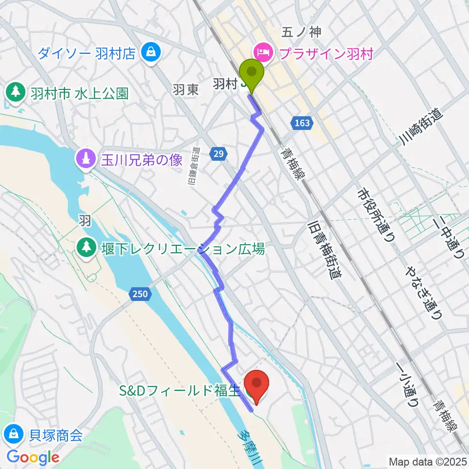 羽村駅からS&Dフィールド福生へのルートマップ地図