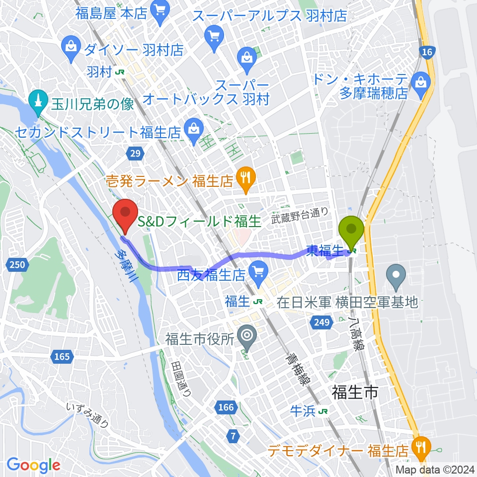 東福生駅からS&Dフィールド福生へのルートマップ地図