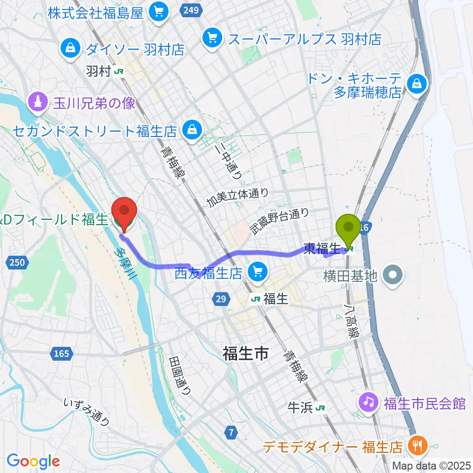 東福生駅からS&Dフィールド福生へのルートマップ地図