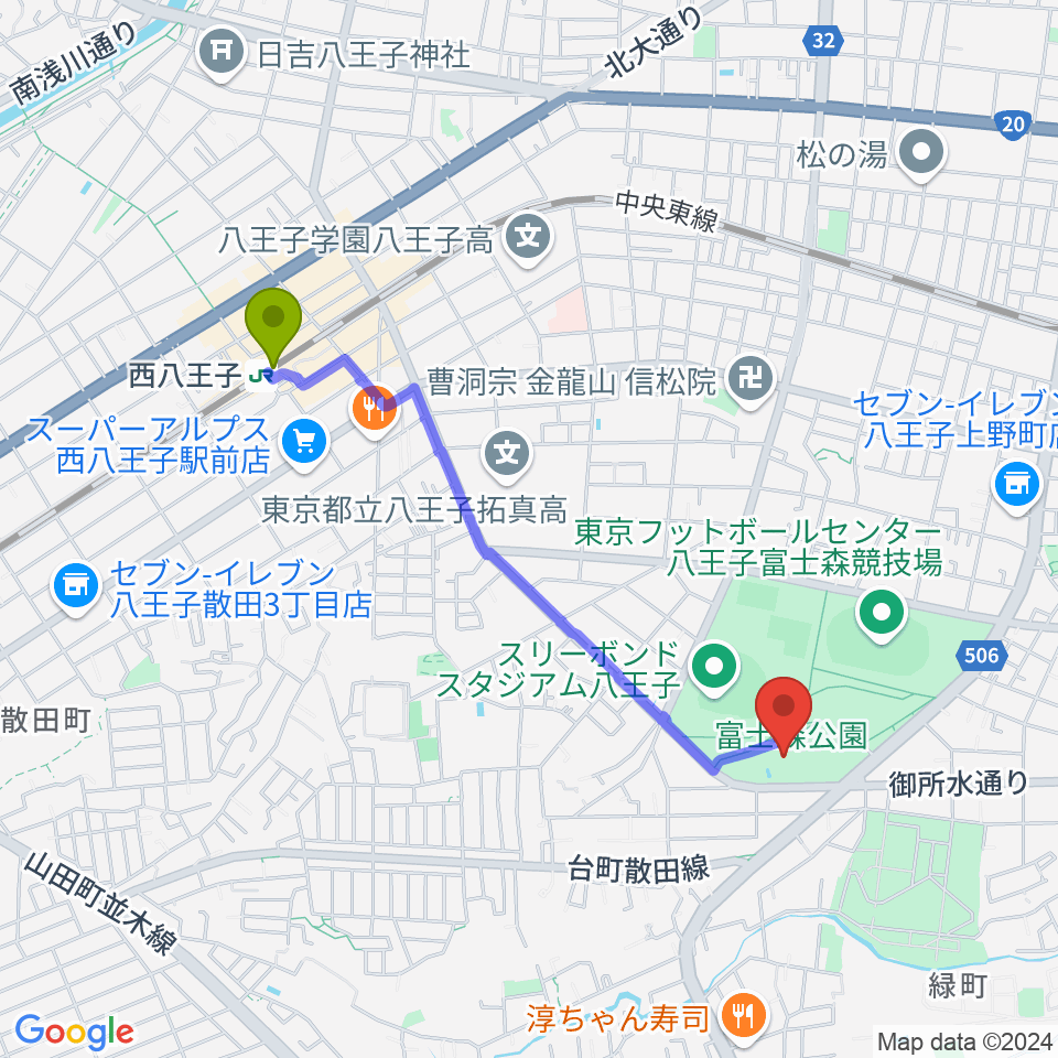 西八王子駅から八王子市富士森体育館へのルートマップ地図